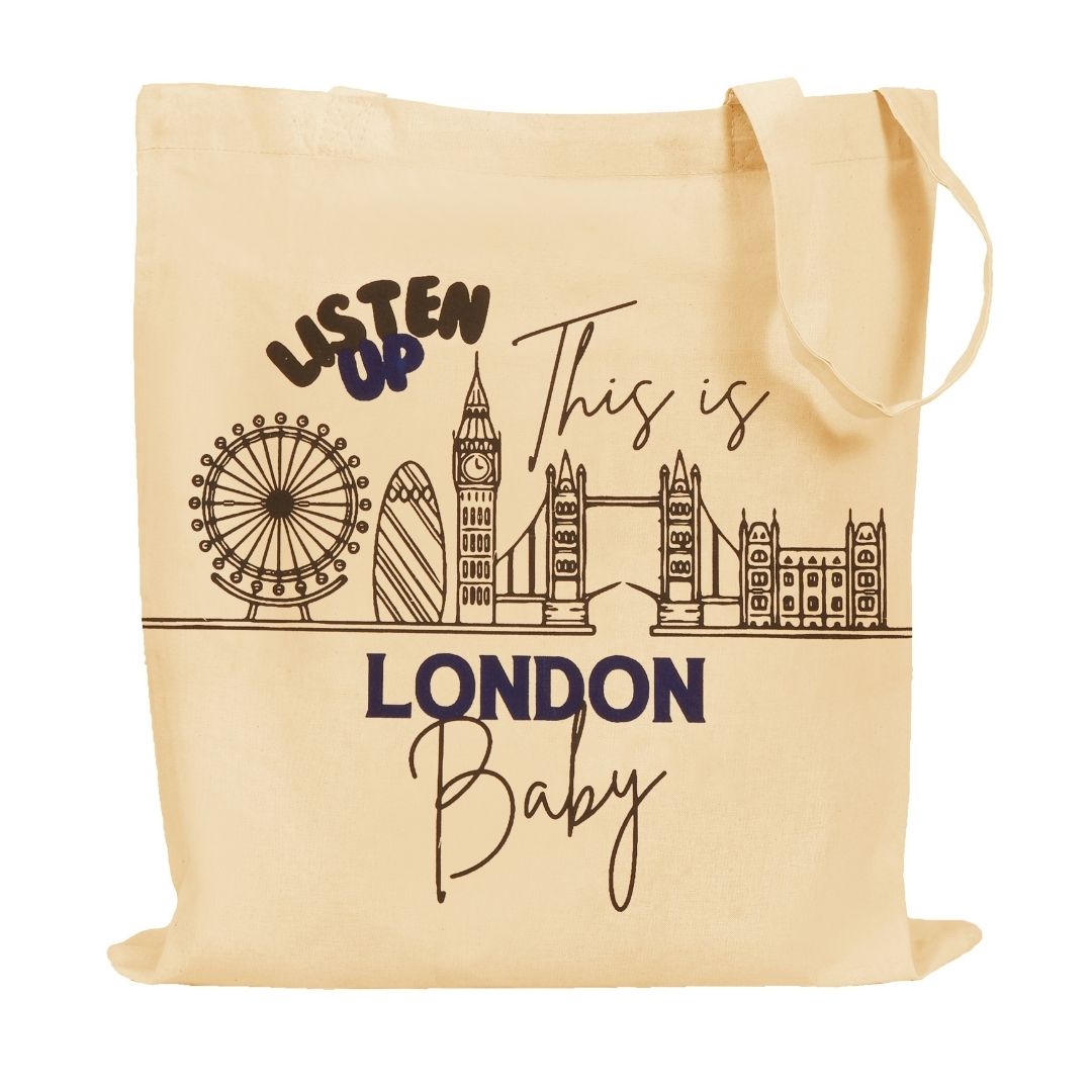 Printed 100% Cotton Tote Bag Souvenir for Presents | London Canvas Gift Bag | Reusable UK Shopping Bag | Size 38x42cm+65cm long Handle