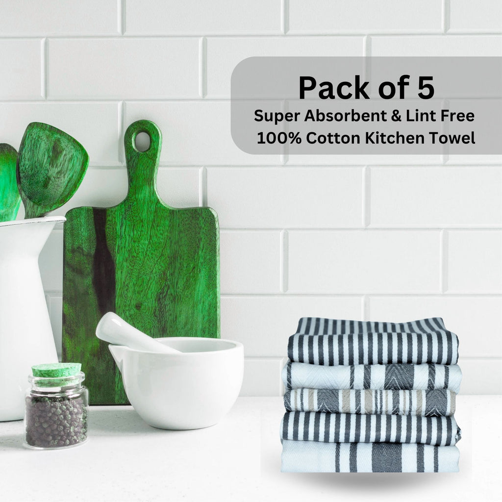 Pack of 5-Grey 100% Cotton Tea Towels for Kitchen , Extra Large Kitchen Tea Towels (50x70cm)-300GSM