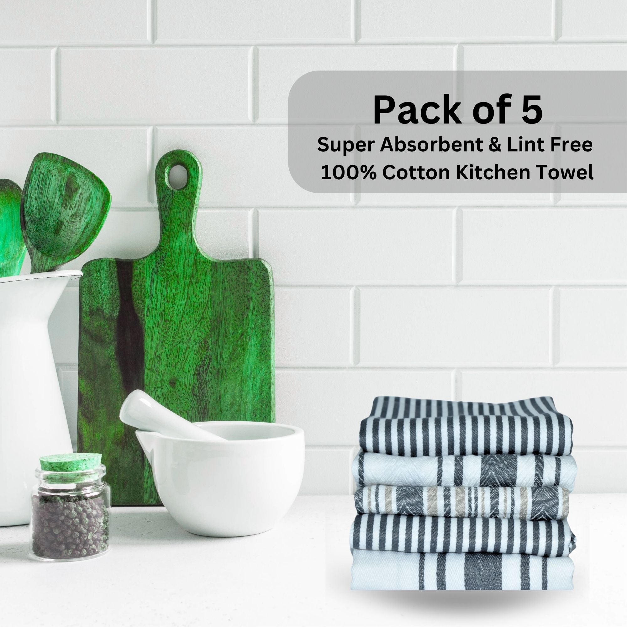 Pack of 5-Grey 100% Cotton Tea Towels for Kitchen , Extra Large Kitchen Tea Towels (50x70cm)-300GSM