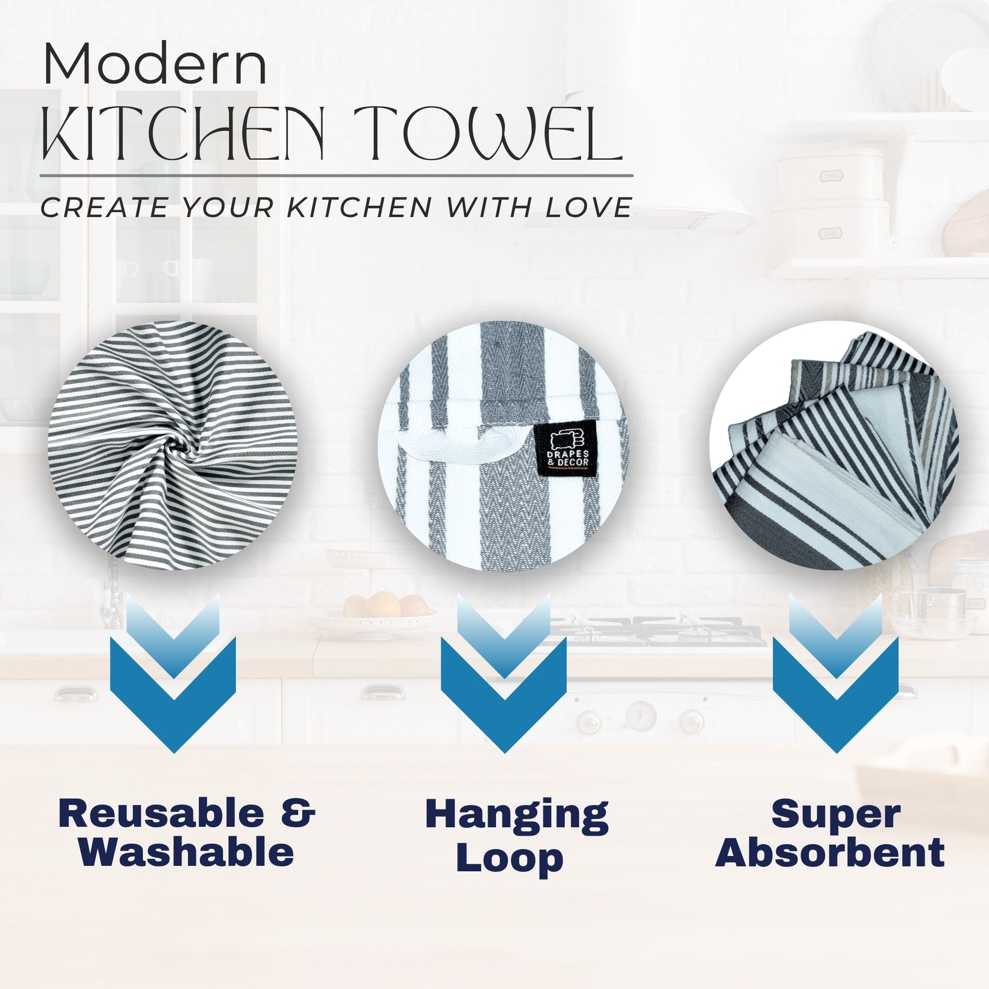 Pack of 5-Grey 100% Cotton Tea Towels for Kitchen , Extra Large Kitchen Tea Towels (50x70cm)-300GSM