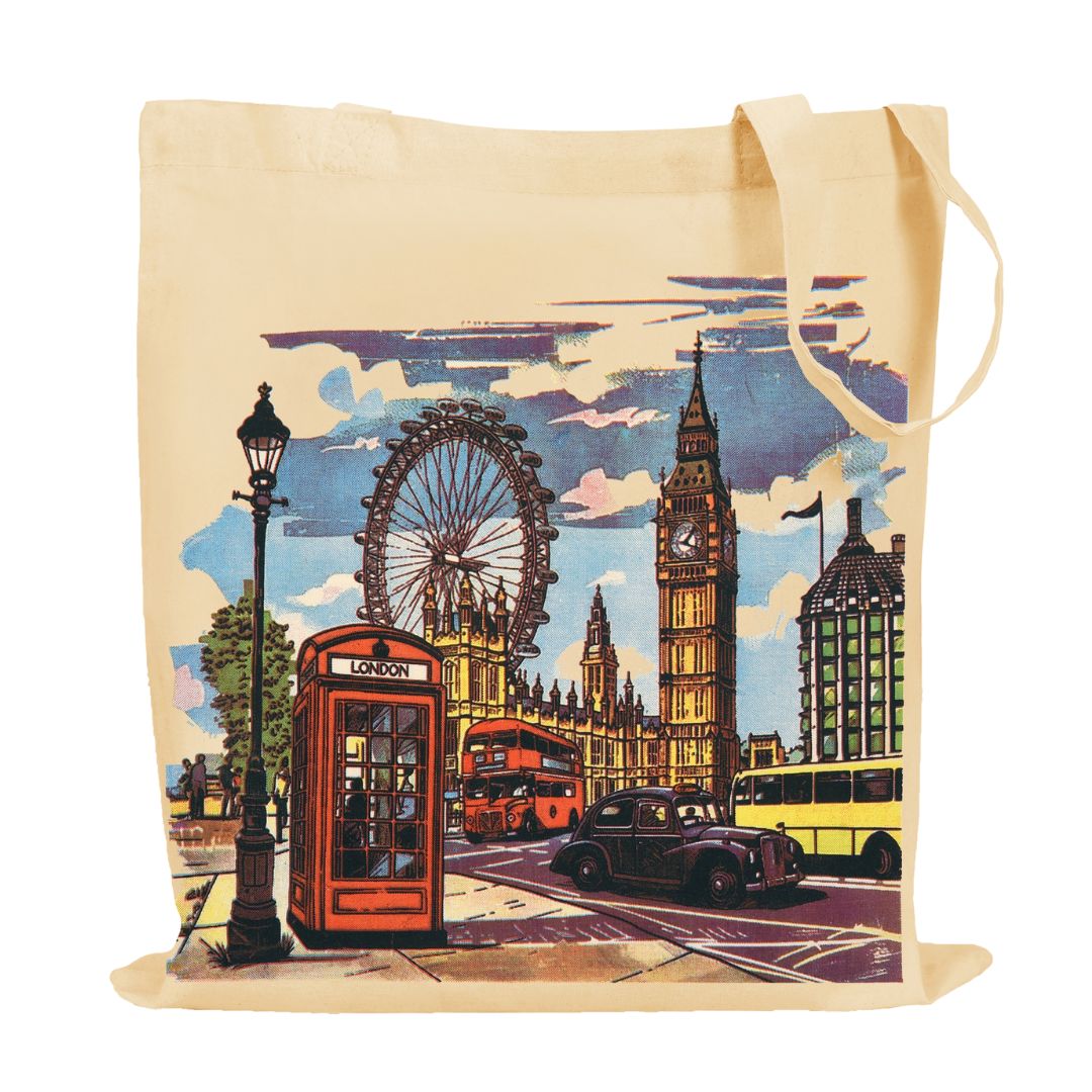Printed 100% Cotton Tote Bag Souvenir for Presents | London Canvas Gift Bag | Reusable UK Shopping Bag | Size 38x42cm+65cm long Handle