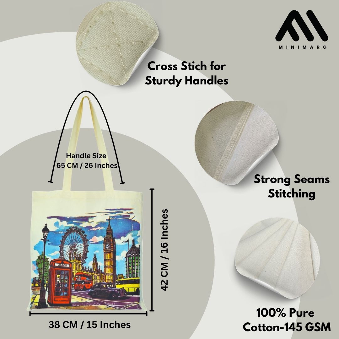 Printed 100% Cotton Tote Bag Souvenir for Presents | London Canvas Gift Bag | Reusable UK Shopping Bag | Size 38x42cm+65cm long Handle