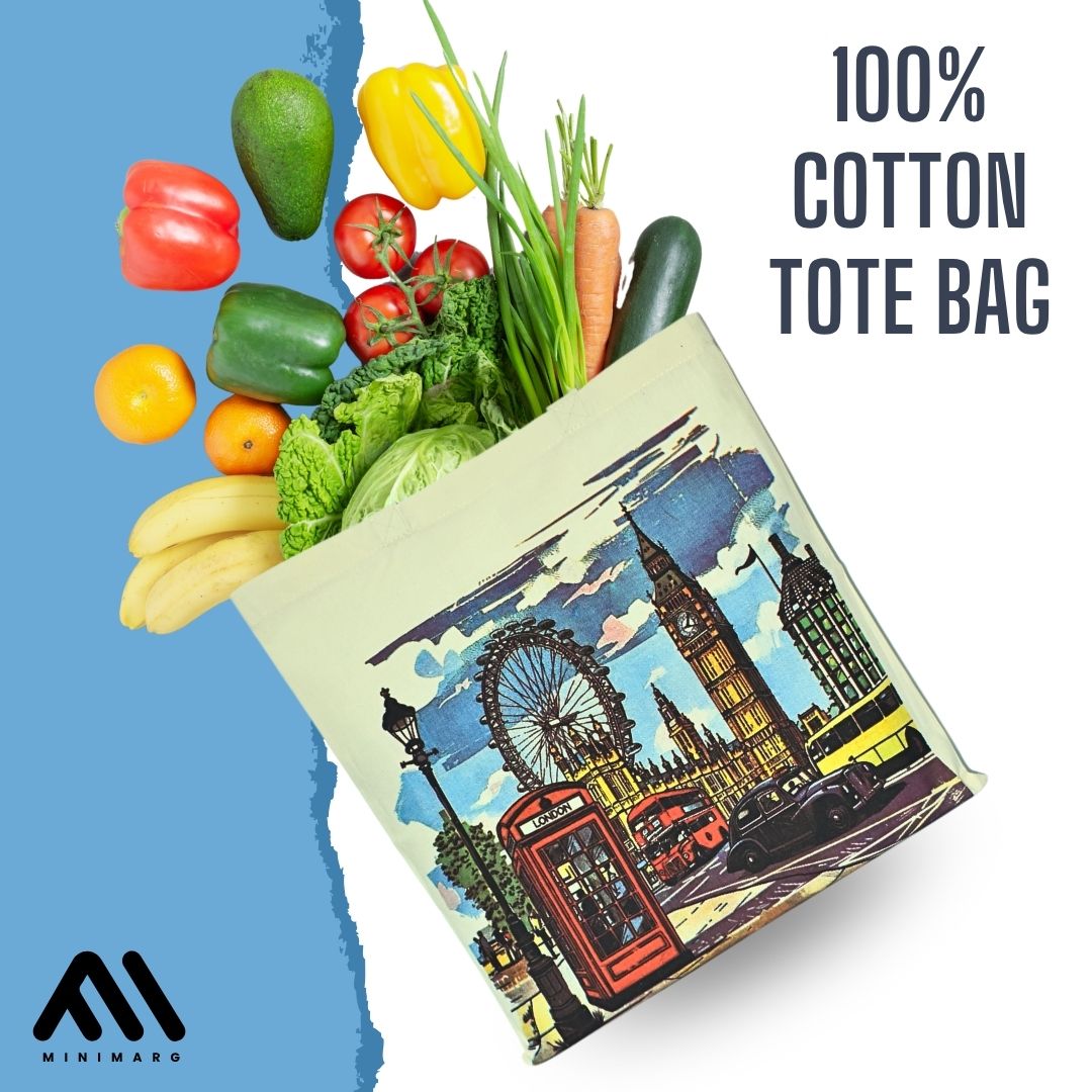 Printed 100% Cotton Tote Bag Souvenir for Presents | London Canvas Gift Bag | Reusable UK Shopping Bag | Size 38x42cm+65cm long Handle
