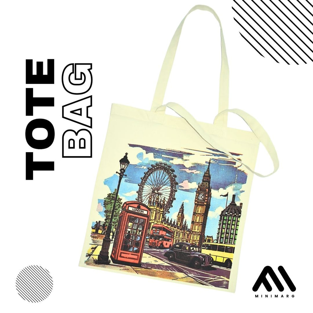 Printed 100% Cotton Tote Bag Souvenir for Presents | London Canvas Gift Bag | Reusable UK Shopping Bag | Size 38x42cm+65cm long Handle