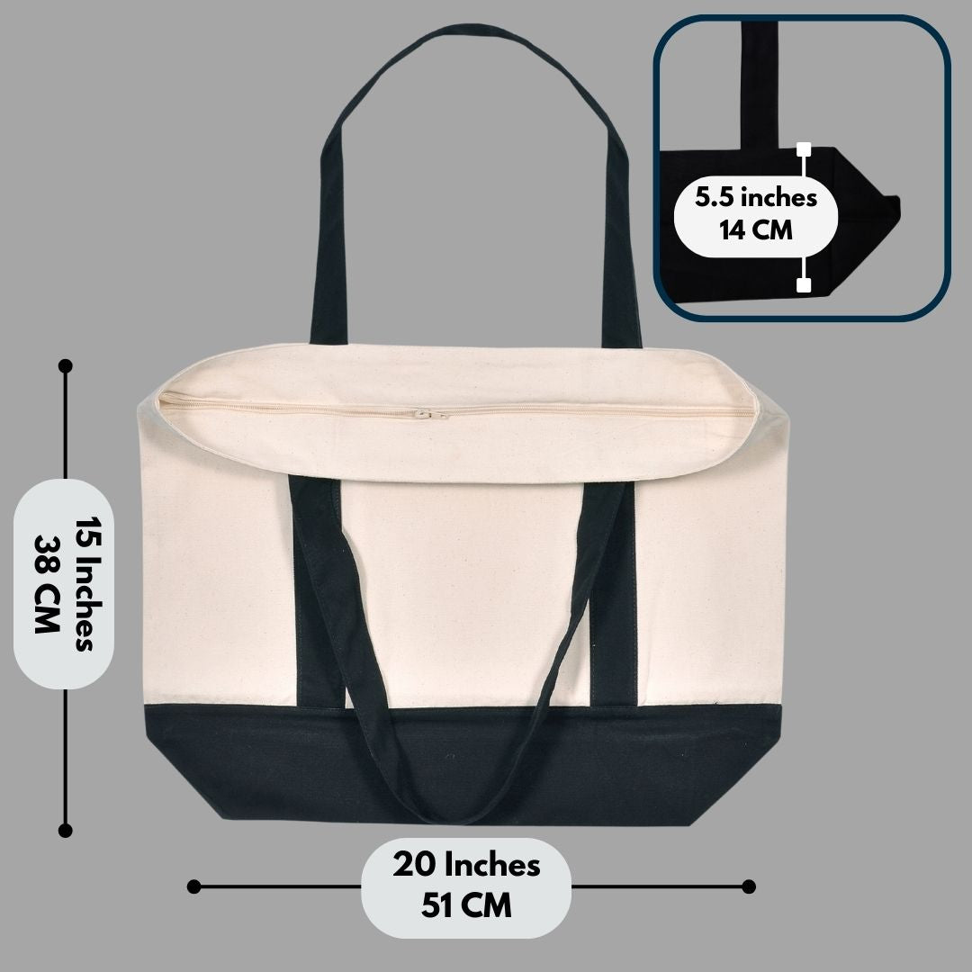 Heavy Duty 100% Cotton Canvas Tote Bag With Zip and external pocket, Suitable for Daily Grocery, Travel, Shopping, Events and Gifts