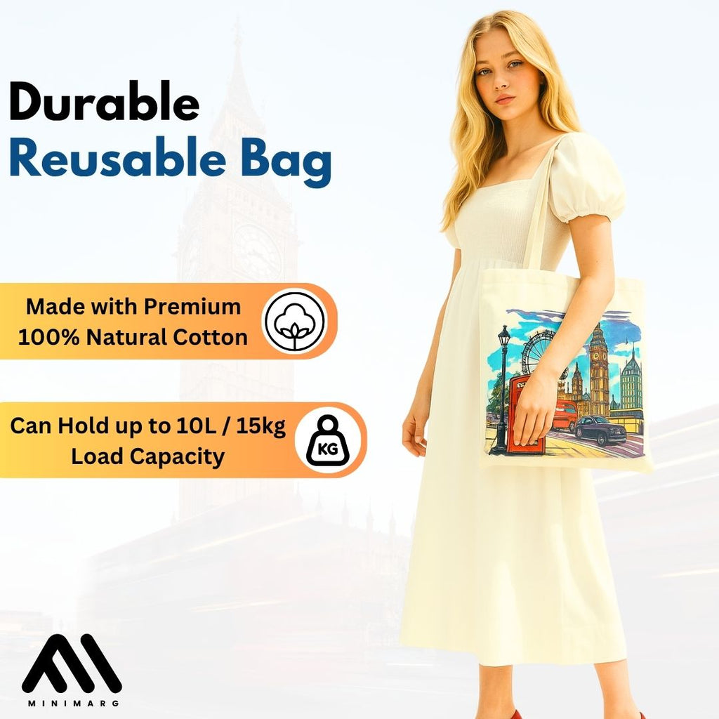 Printed 100% Cotton Tote Bag Souvenir for Presents | London Canvas Gift Bag | Reusable UK Shopping Bag | Size 38x42cm+65cm long Handle