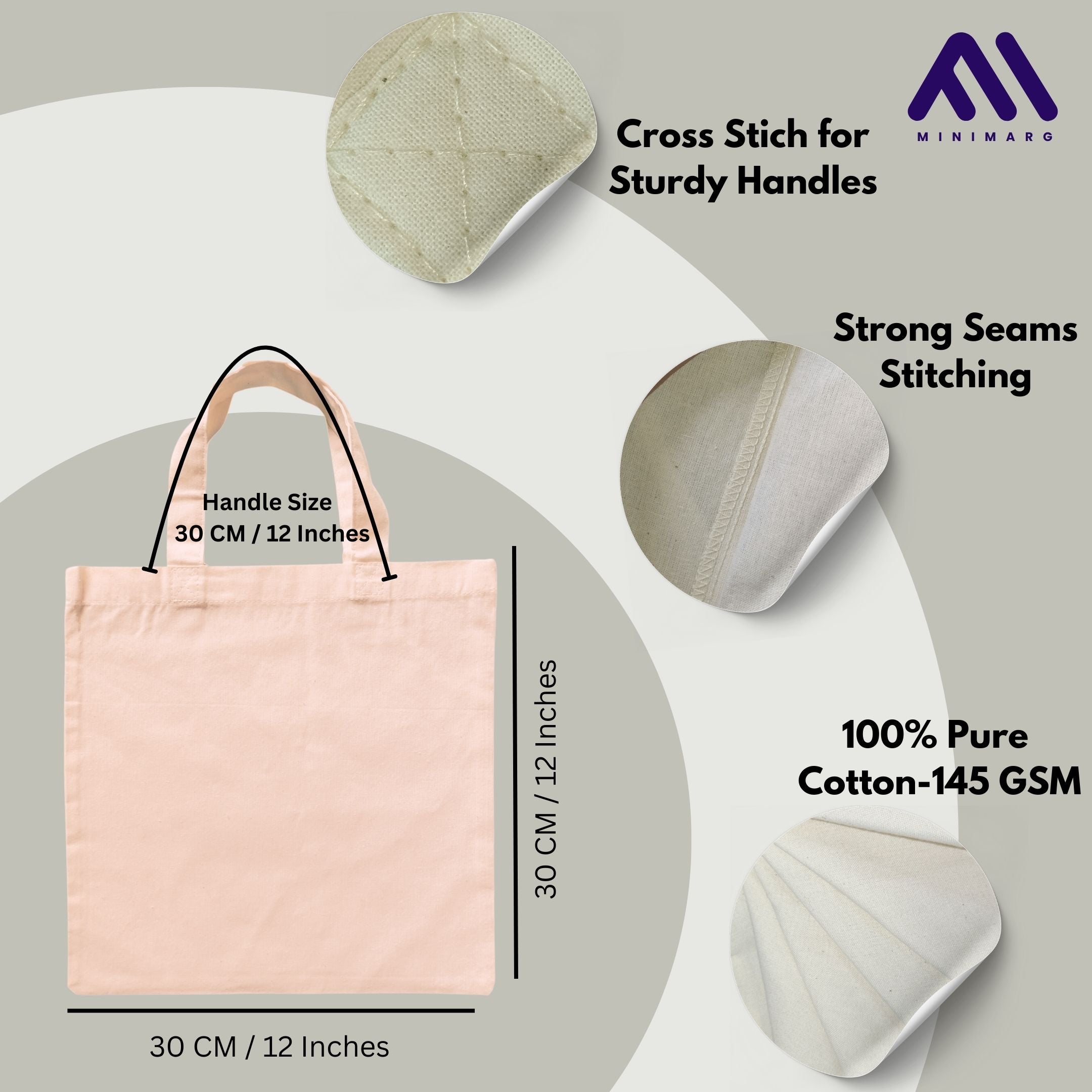 100% Cotton Natural Small Tote Bags - 30 X 30 cm+30cm Handles- Pack of 10