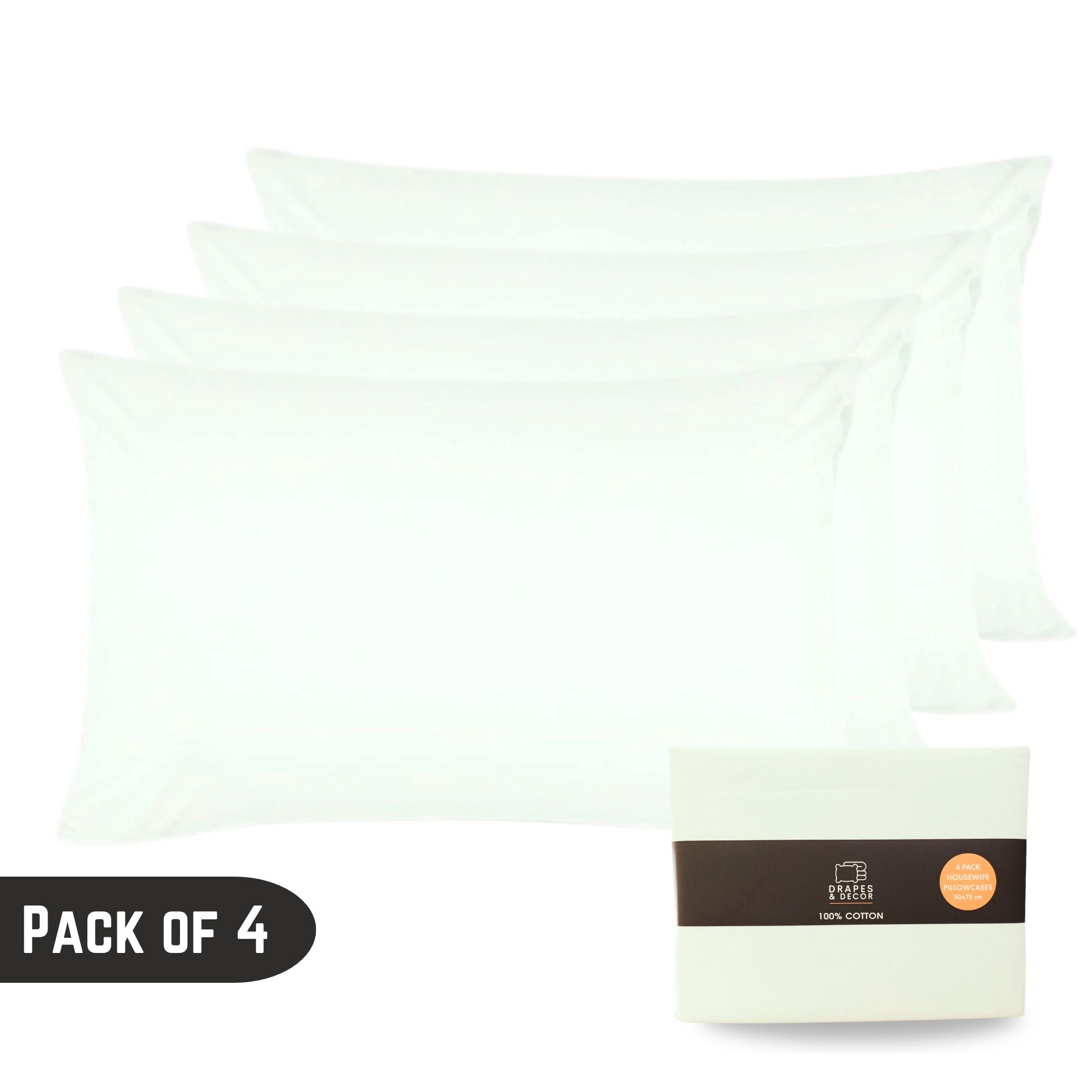 Pillow Cases 4 Pack -200 Thread Count 100% Cotton Pillowcases Hotel Quality with Envelope Closure -White -Standard Size 50x75 cm