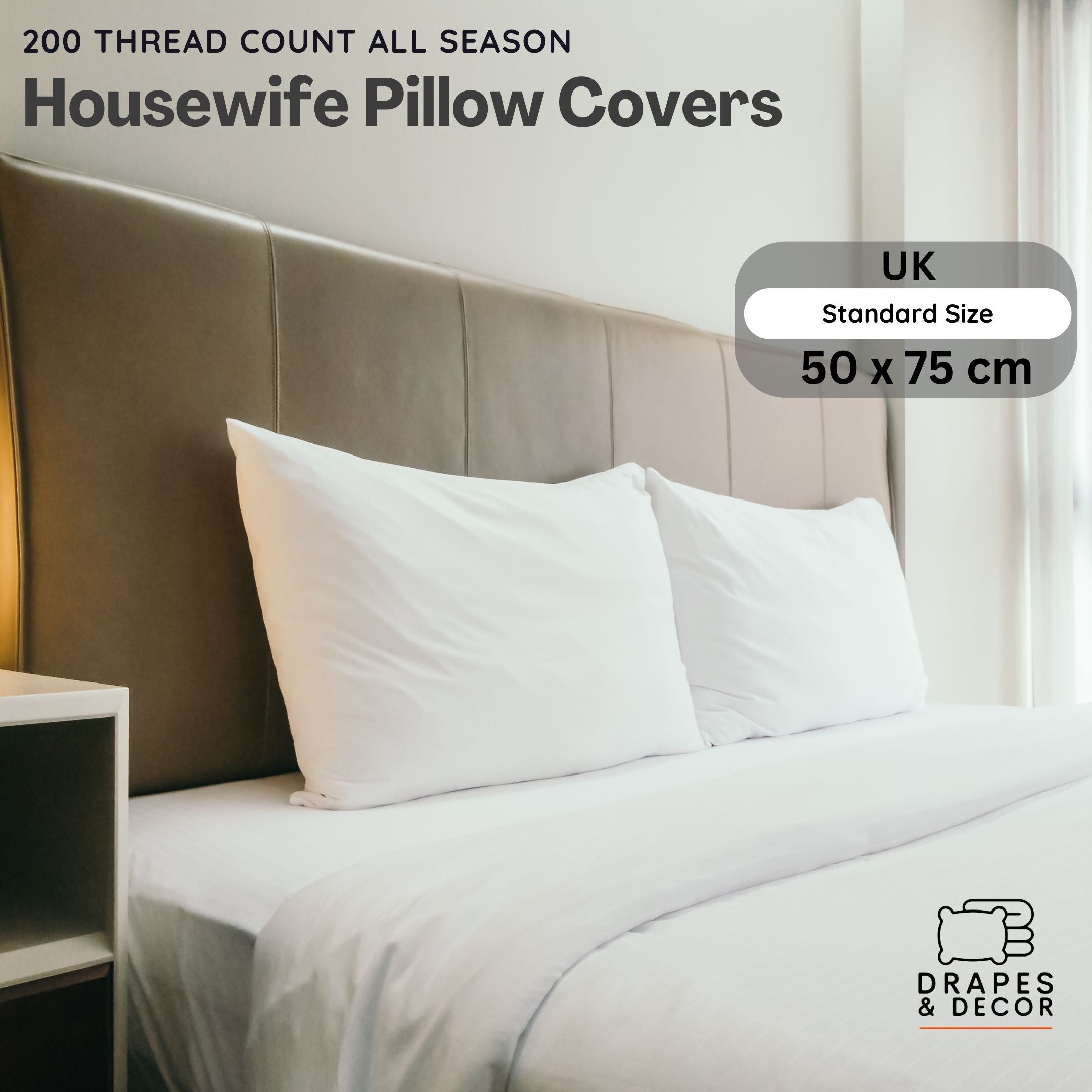 Pillow Cases 4 Pack -200 Thread Count 100% Cotton Pillowcases Hotel Quality with Envelope Closure -White -Standard Size 50x75 cm